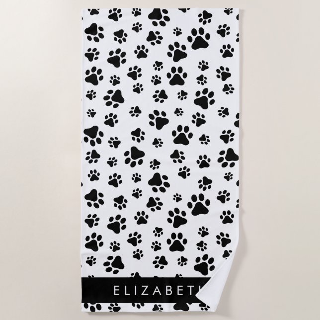 Paw Pattern, Dog Paws, Black and White, Your Name Beach Towel (Front)