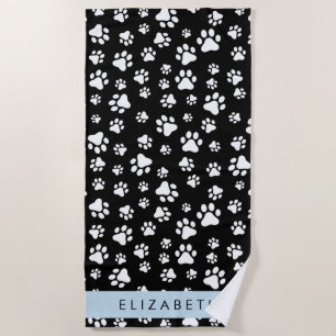 Paw Pattern, Dog Paws, Black and White, Your Name Beach Towel