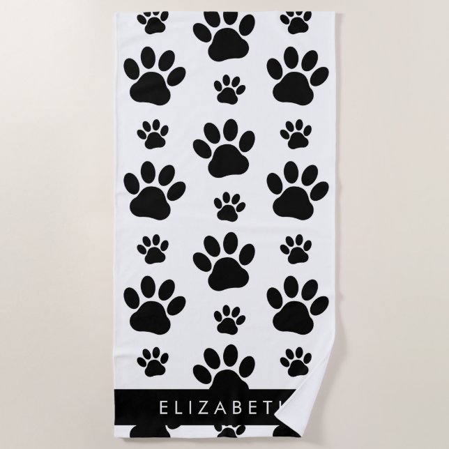 Paw Pattern, Dog Paws, Black and White, Your Name Beach Towel (Front)