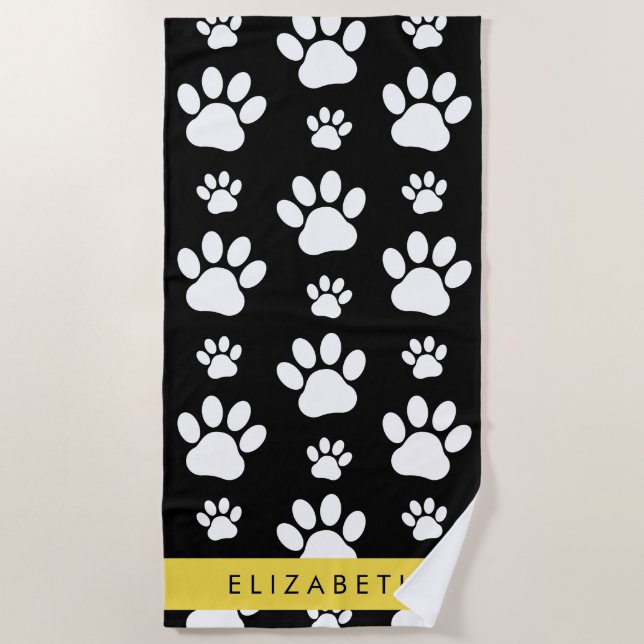 Paw Pattern, Dog Paws, Black and White, Your Name Beach Towel (Front)