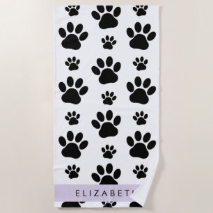 Paw Pattern, Dog Paws, Black and White, Your Name Beach Towel