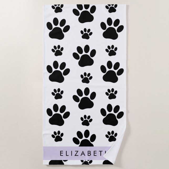 Paw Pattern, Dog Paws, Black and White, Your Name Beach Towel (Front)