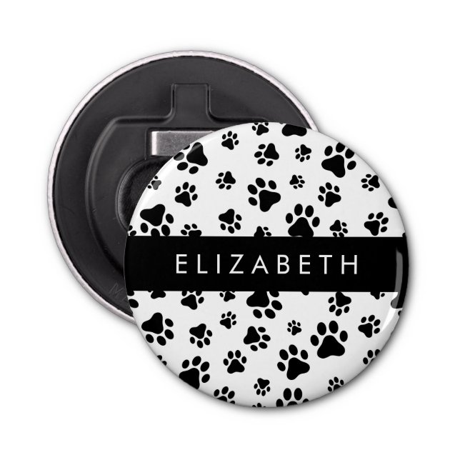 Paw Pattern, Dog Paws, Black and White, Your Name Bottle Opener (Front)