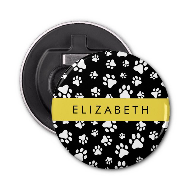 Paw Pattern, Dog Paws, Black and White, Your Name Bottle Opener (Front)