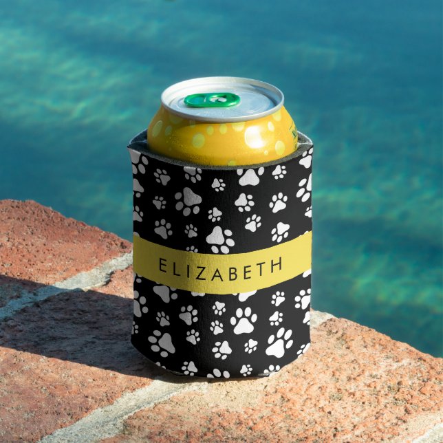 Paw Pattern, Dog Paws, Black and White, Your Name Can Cooler (In Situ Pool)