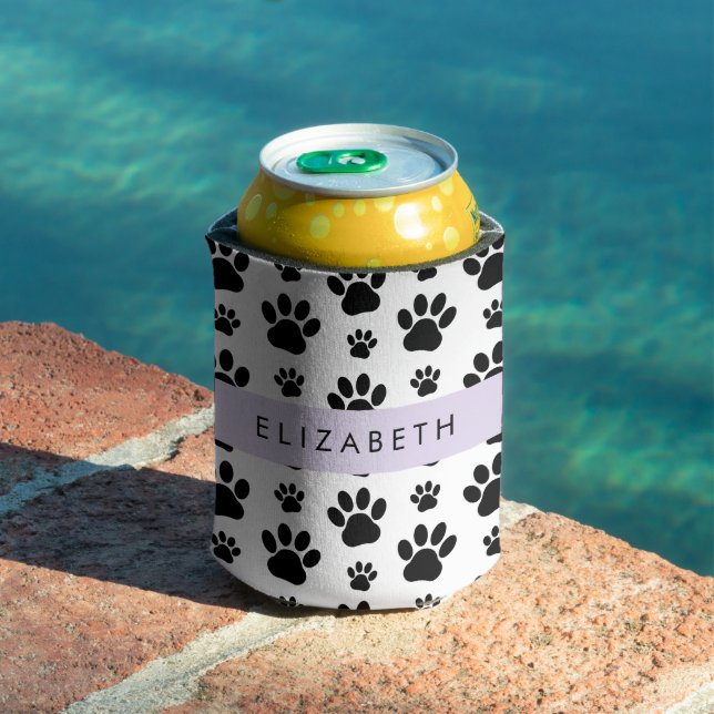 Paw Pattern, Dog Paws, Black and White, Your Name Can Cooler (In Situ Pool)