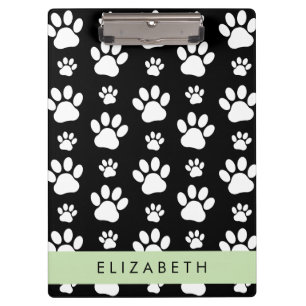 Paw Pattern, Dog Paws, Black and White, Your Name Clipboard