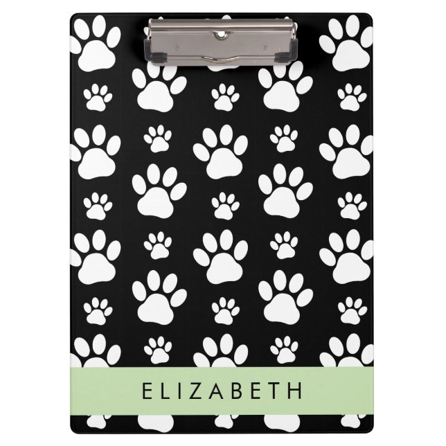 Paw Pattern, Dog Paws, Black and White, Your Name Clipboard (Front)