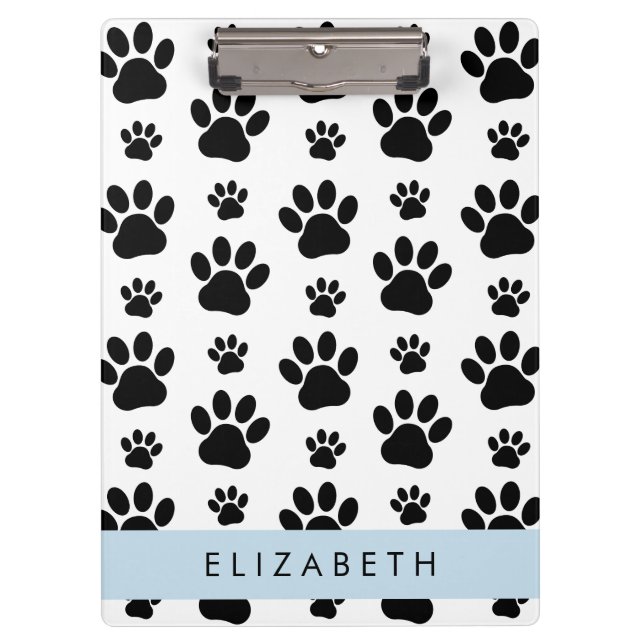 Paw Pattern, Dog Paws, Black and White, Your Name Clipboard (Front)