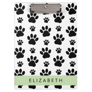 Paw Pattern, Dog Paws, Black and White, Your Name Clipboard
