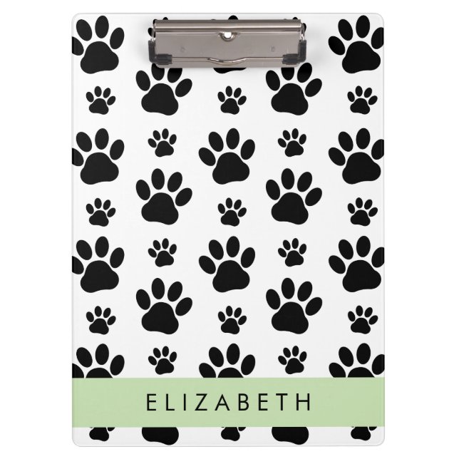 Paw Pattern, Dog Paws, Black and White, Your Name Clipboard (Front)