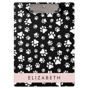 Paw Pattern, Dog Paws, Black and White, Your Name Clipboard