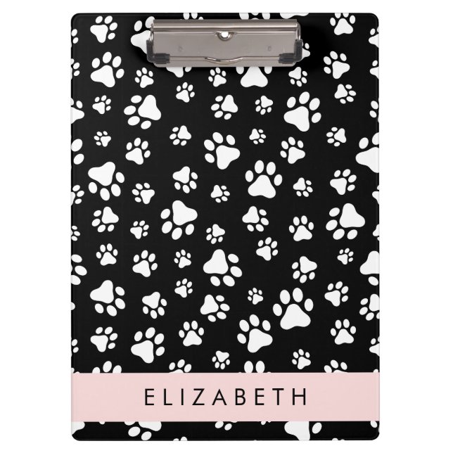 Paw Pattern, Dog Paws, Black and White, Your Name Clipboard (Front)