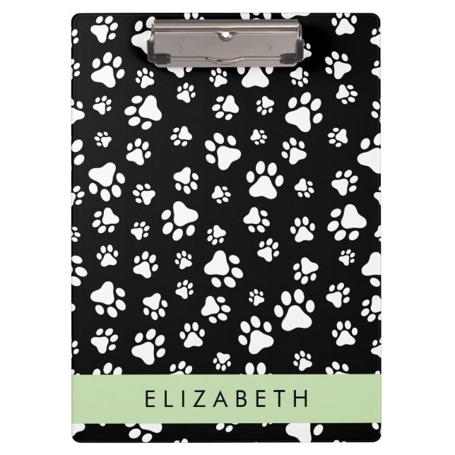 Paw Pattern, Dog Paws, Black and White, Your Name Clipboard (Front)
