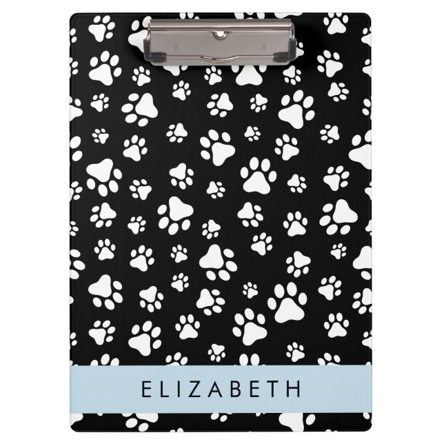 Paw Pattern, Dog Paws, Black and White, Your Name Clipboard (Front)