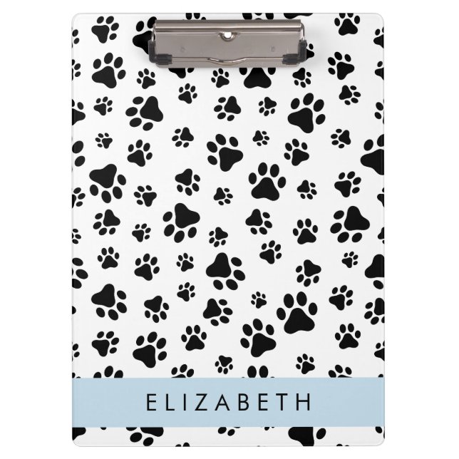 Paw Pattern, Dog Paws, Black and White, Your Name Clipboard (Front)