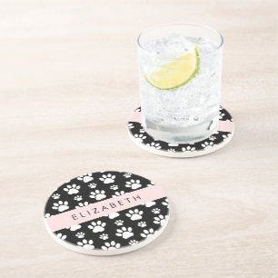Paw Pattern, Dog Paws, Black and White, Your Name Coaster