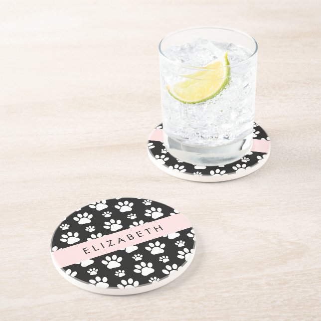 Paw Pattern, Dog Paws, Black and White, Your Name Coaster (Side)