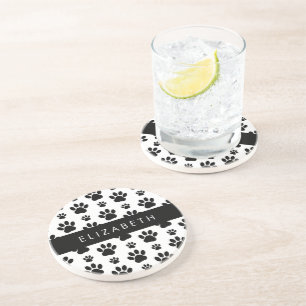 Paw Pattern, Dog Paws, Black and White, Your Name Coaster