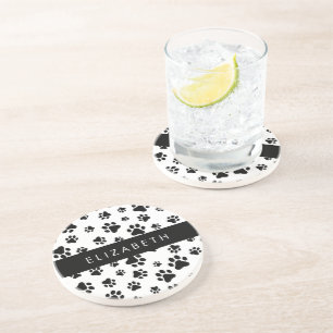 Paw Pattern, Dog Paws, Black and White, Your Name Coaster