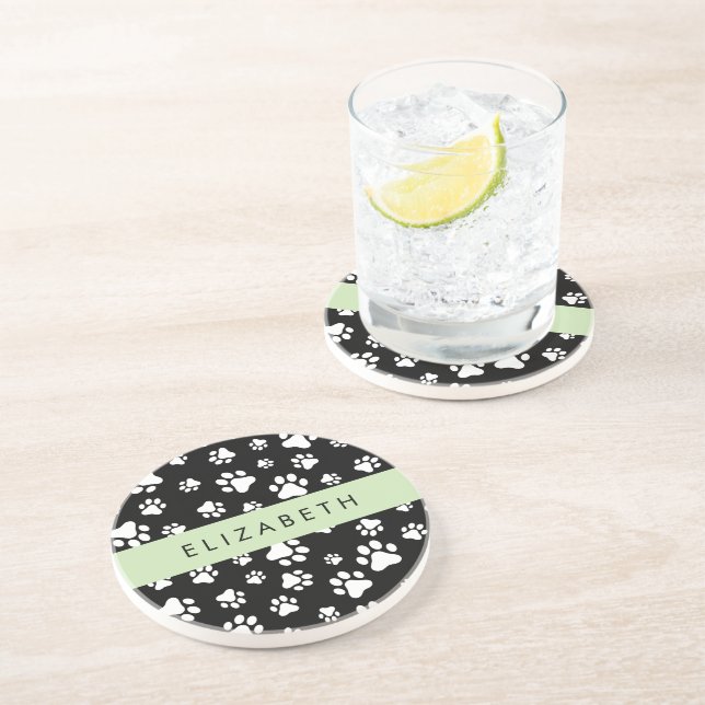 Paw Pattern, Dog Paws, Black and White, Your Name Coaster (Side)