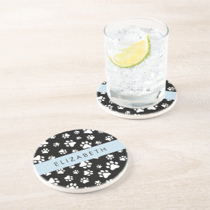 Paw Pattern, Dog Paws, Black and White, Your Name Coaster