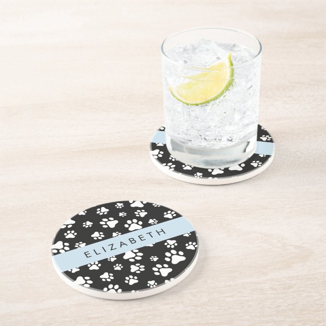 Paw Pattern, Dog Paws, Black and White, Your Name Coaster (Side)