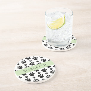 Paw Pattern, Dog Paws, Black and White, Your Name Coaster