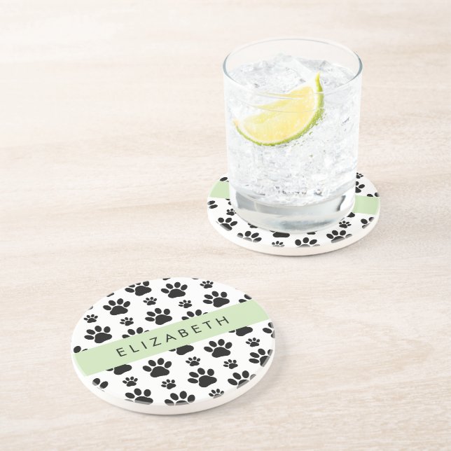 Paw Pattern, Dog Paws, Black and White, Your Name Coaster (Side)