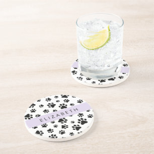 Paw Pattern, Dog Paws, Black and White, Your Name Coaster