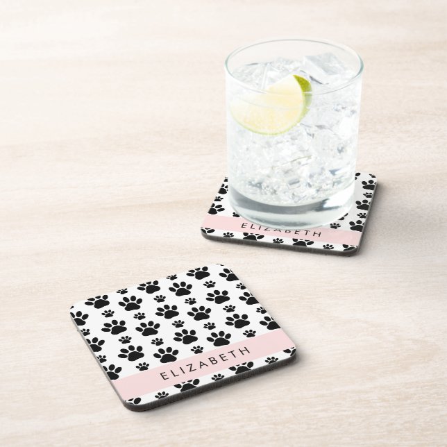 Paw Pattern, Dog Paws, Black and White, Your Name Coaster (Right Side)