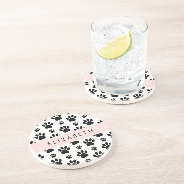 Paw Pattern, Dog Paws, Black and White, Your Name Coaster (Side)