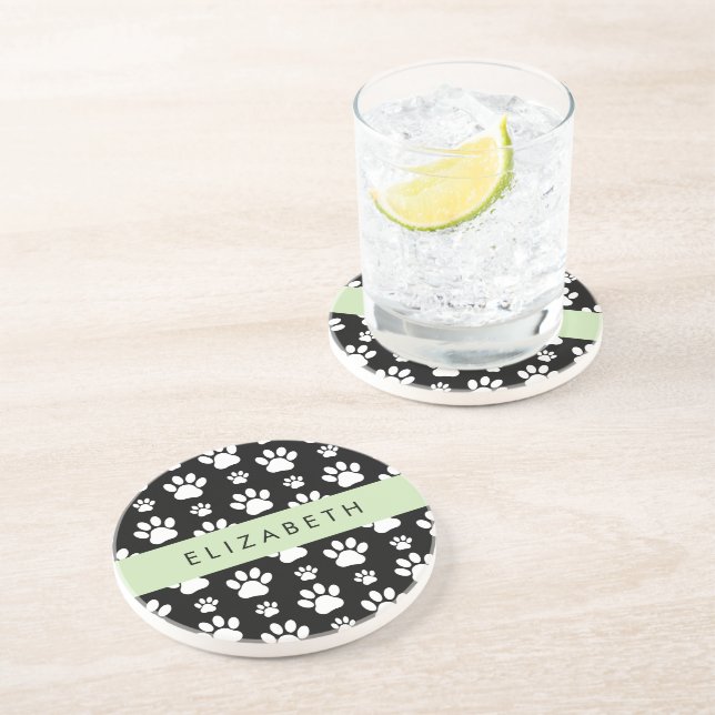 Paw Pattern, Dog Paws, Black and White, Your Name Coaster (Side)