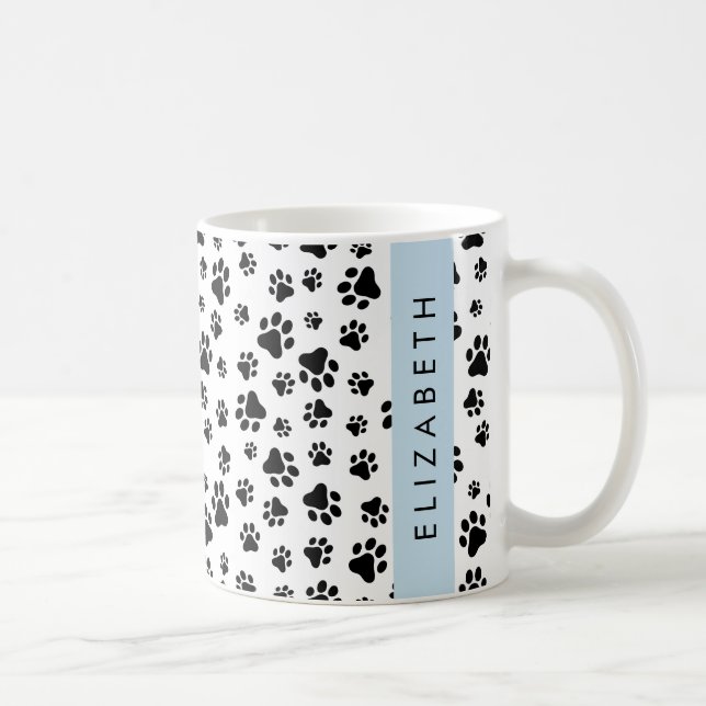 Paw Pattern, Dog Paws, Black and White, Your Name Coffee Mug (Right)