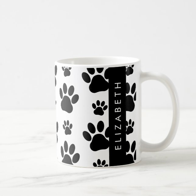Paw Pattern, Dog Paws, Black and White, Your Name Coffee Mug (Right)
