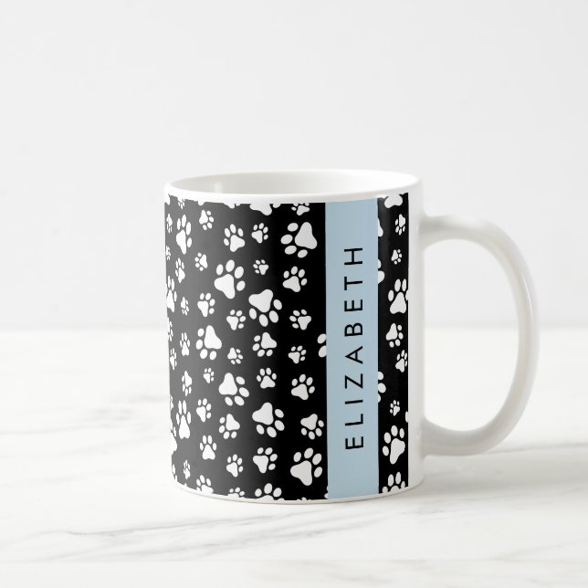 Paw Pattern, Dog Paws, Black and White, Your Name Coffee Mug (Right)