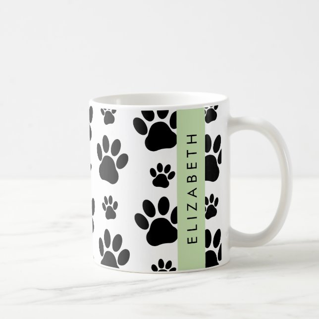 Paw Pattern, Dog Paws, Black and White, Your Name Coffee Mug (Right)