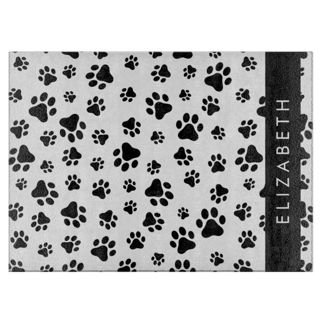 Paw Pattern, Dog Paws, Black and White, Your Name Cutting Board (Front)