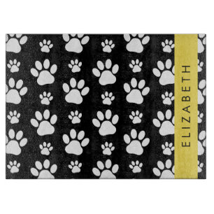 Paw Pattern, Dog Paws, Black and White, Your Name Cutting Board