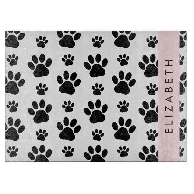 Paw Pattern, Dog Paws, Black and White, Your Name Cutting Board (Front)