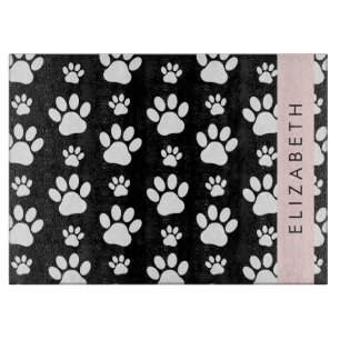 Paw Pattern, Dog Paws, Black and White, Your Name Cutting Board