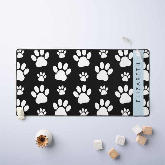 Paw Pattern, Dog Paws, Black and White, Your Name Desk Mat (Kids Table)