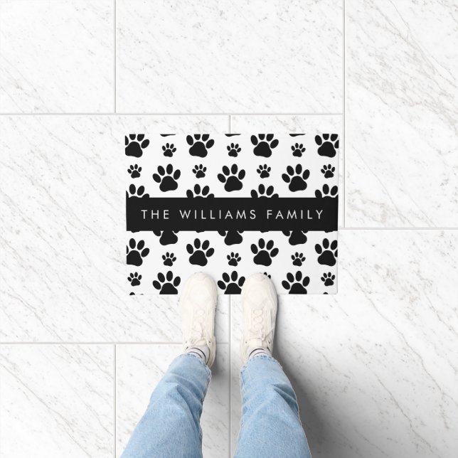 Paw Pattern, Dog Paws, Black and White, Your Name Doormat (Indoor)