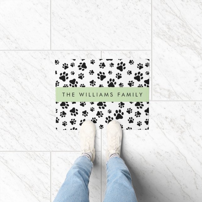 Paw Pattern, Dog Paws, Black and White, Your Name Doormat (Indoor)