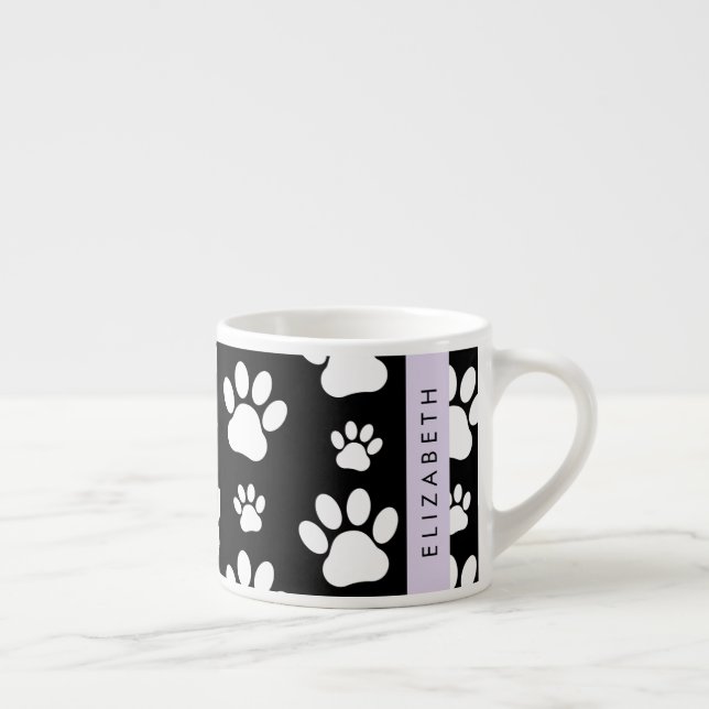 Paw Pattern, Dog Paws, Black and White, Your Name Espresso Cup (Right)