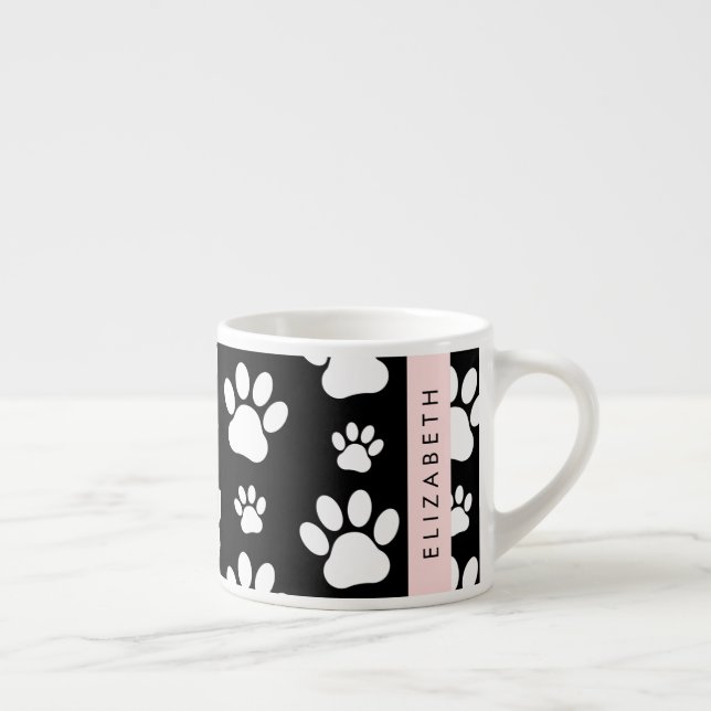 Paw Pattern, Dog Paws, Black and White, Your Name Espresso Cup (Right)