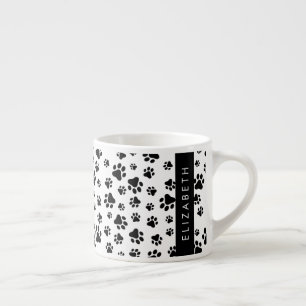 Paw Pattern, Dog Paws, Black and White, Your Name Espresso Cup