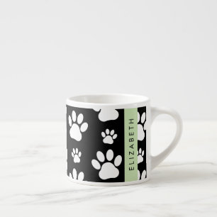 Paw Pattern, Dog Paws, Black and White, Your Name Espresso Cup