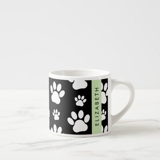 Paw Pattern, Dog Paws, Black and White, Your Name Espresso Cup (Right)
