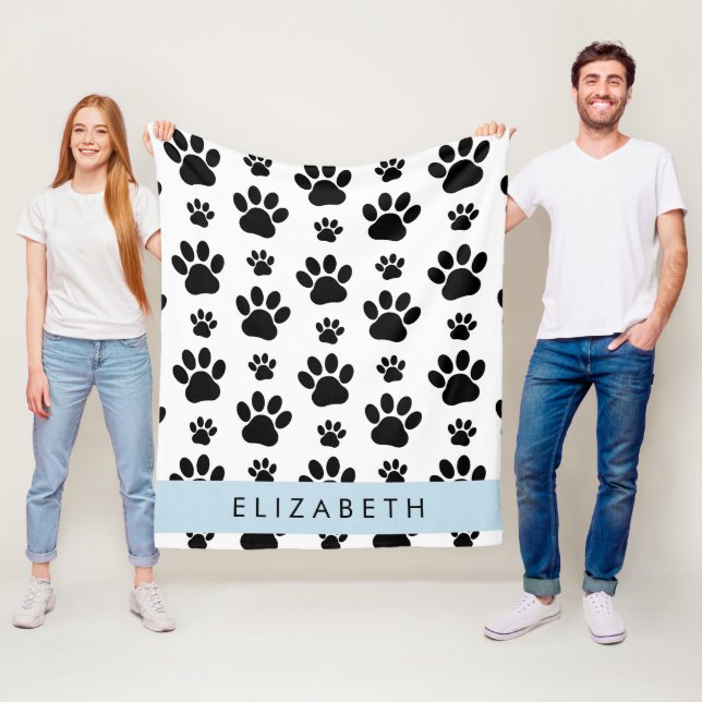 Paw Pattern, Dog Paws, Black and White, Your Name Fleece Blanket (In Situ)